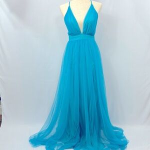 A-Line Tulle Long Prom Dresses, Simple V-Neck Party Dresses